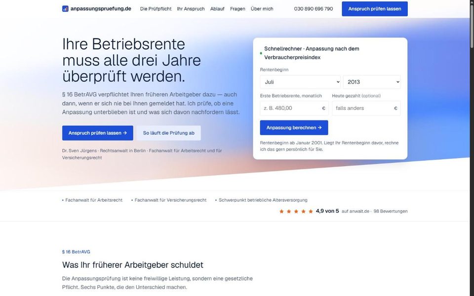 anpassungspruefung.de — landing page with an instant pension-adjustment calculator