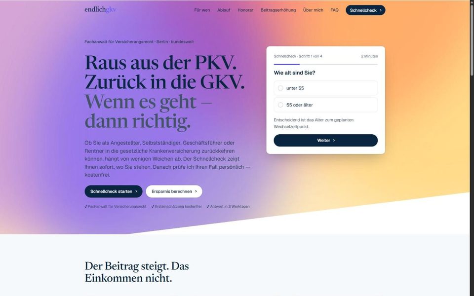 endlichgkv.de — landing page with a four-step eligibility check