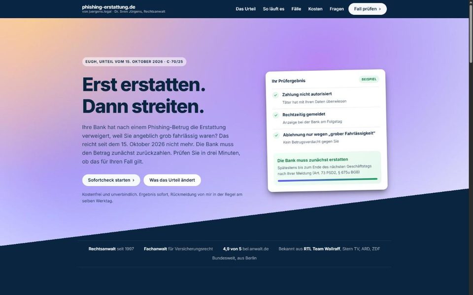phishing-erstattung.de — landing page with a three-minute instant check